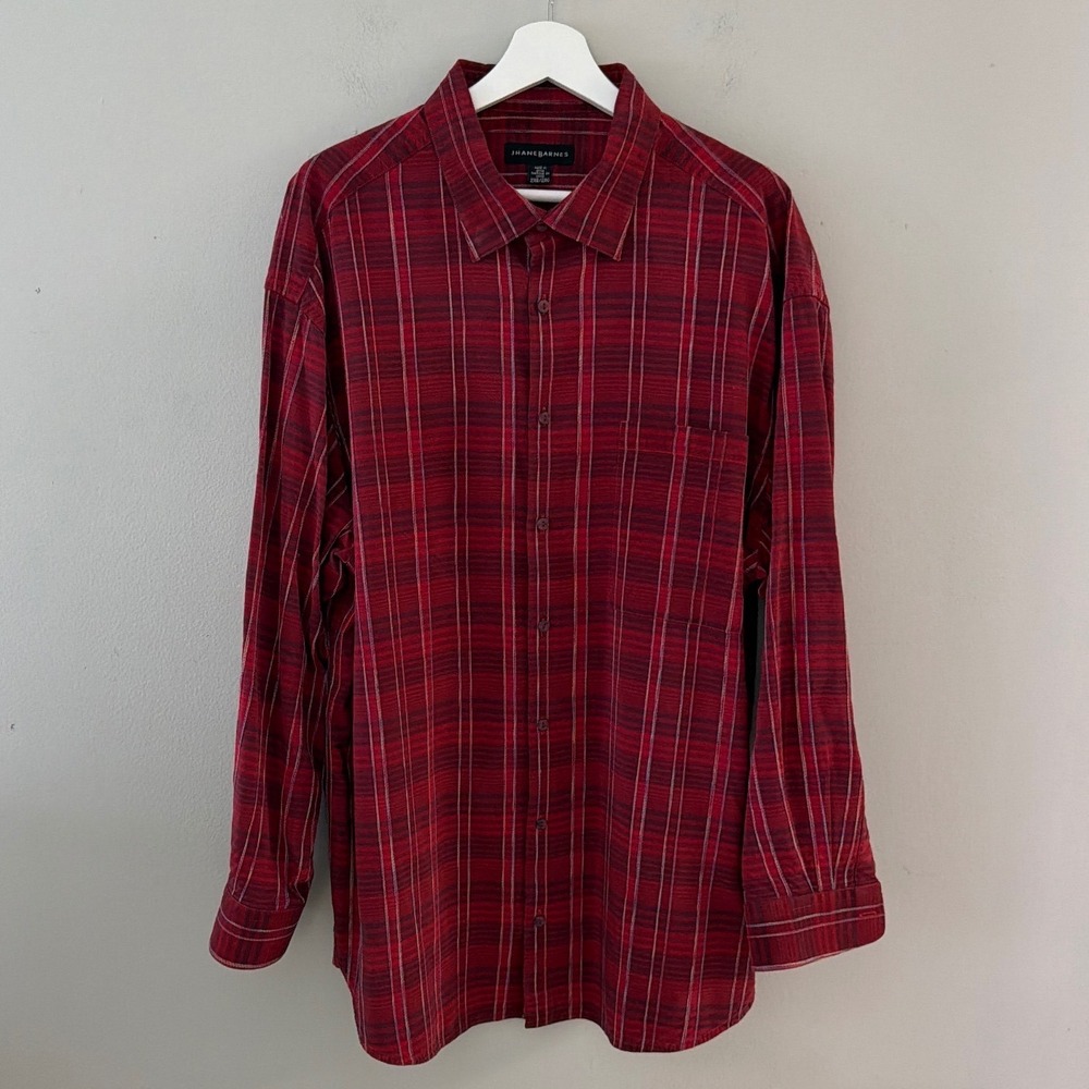 Jhane Barnes Mens 2XB Red‎ Plaid Silk Rayon Long Sleeve Button Down Shirt Luxury